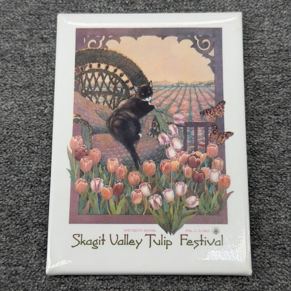 Vintage 2002 Skagit Valley Tulip Festival Fridge Magnet Black Cat Butterflies